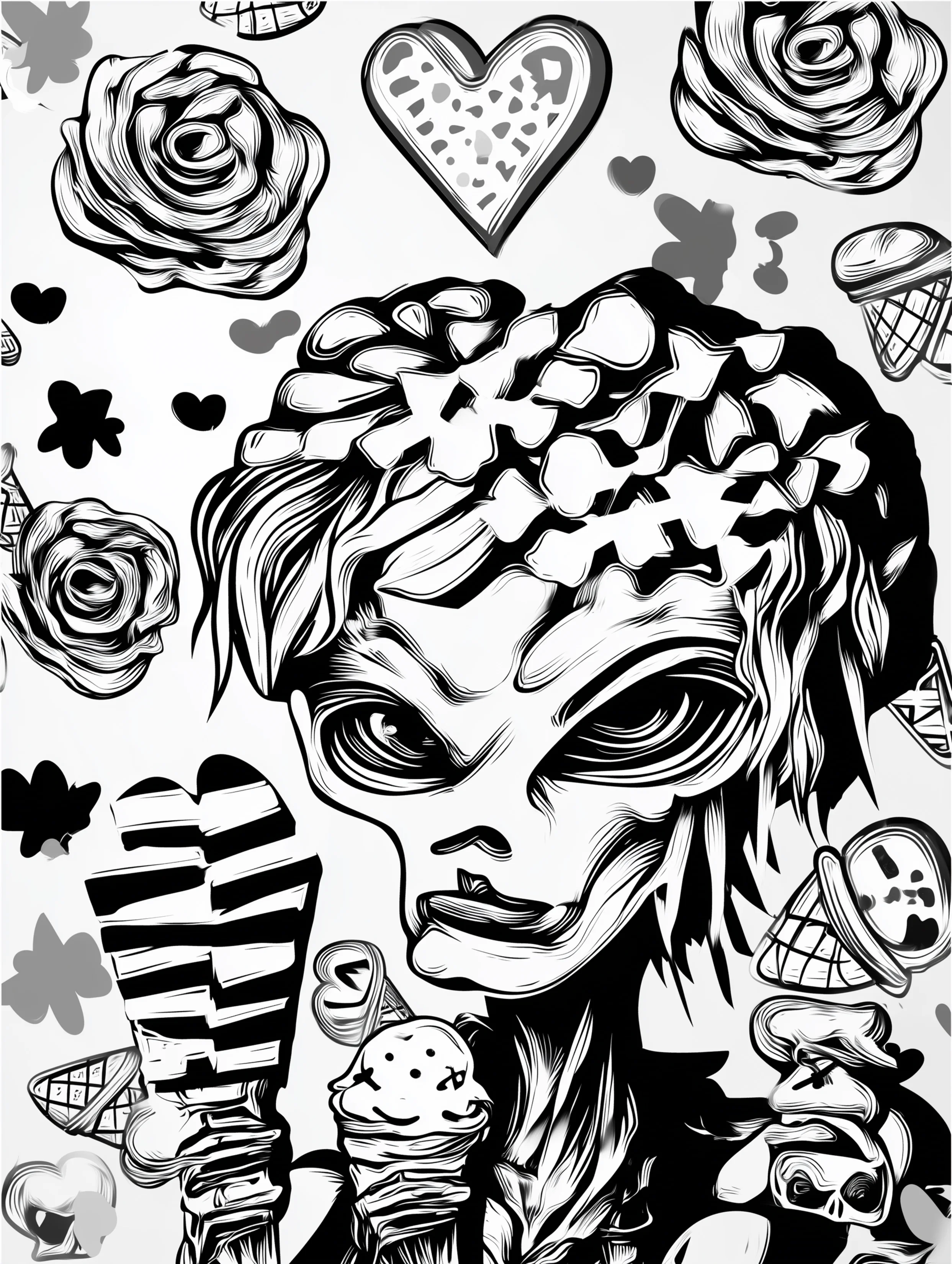 Free printable alien coloring page for adults featuring a pouting alien holding ice cream